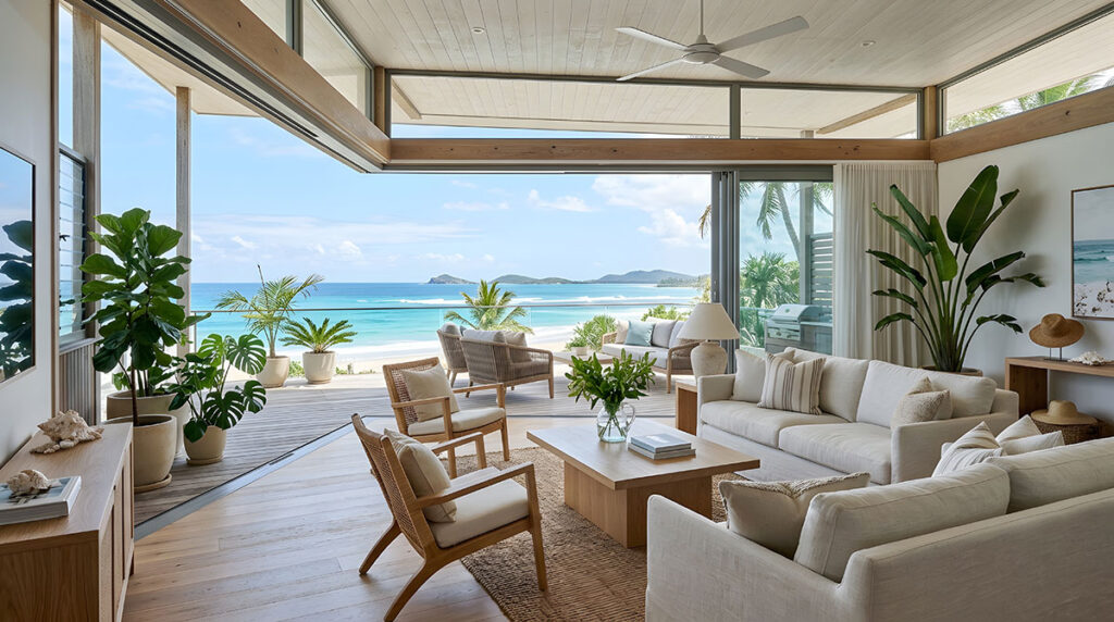 beach house living room with ocean view